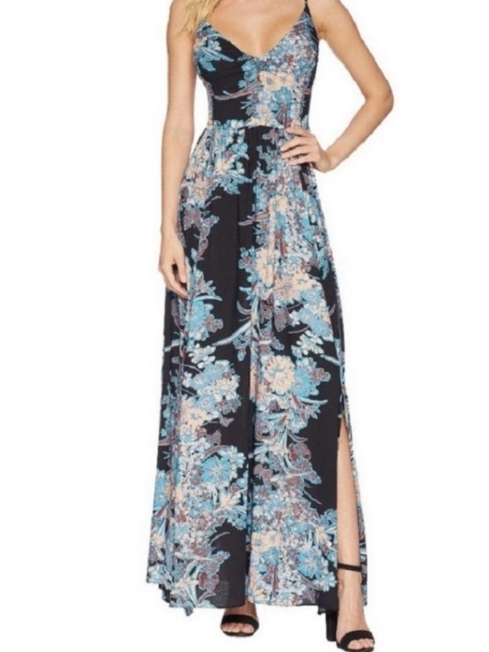 Free People "Through The Vine" Racerback The Maxi Dress, Blue Combo, Size L, EUC